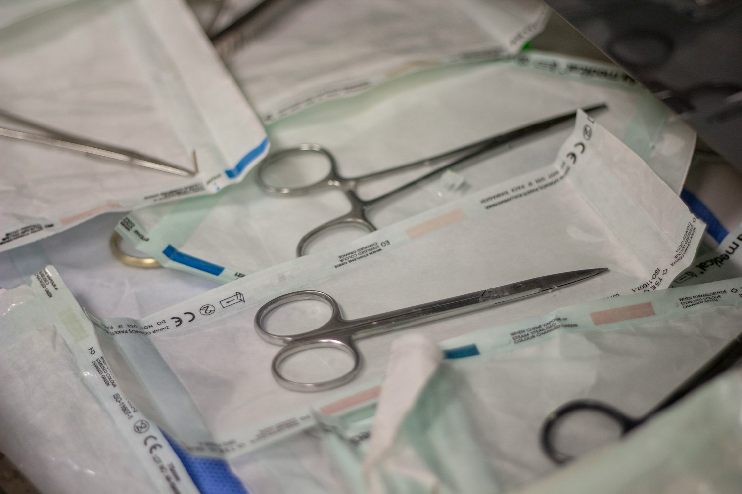 Dental instruments and supplies laid out on a tray