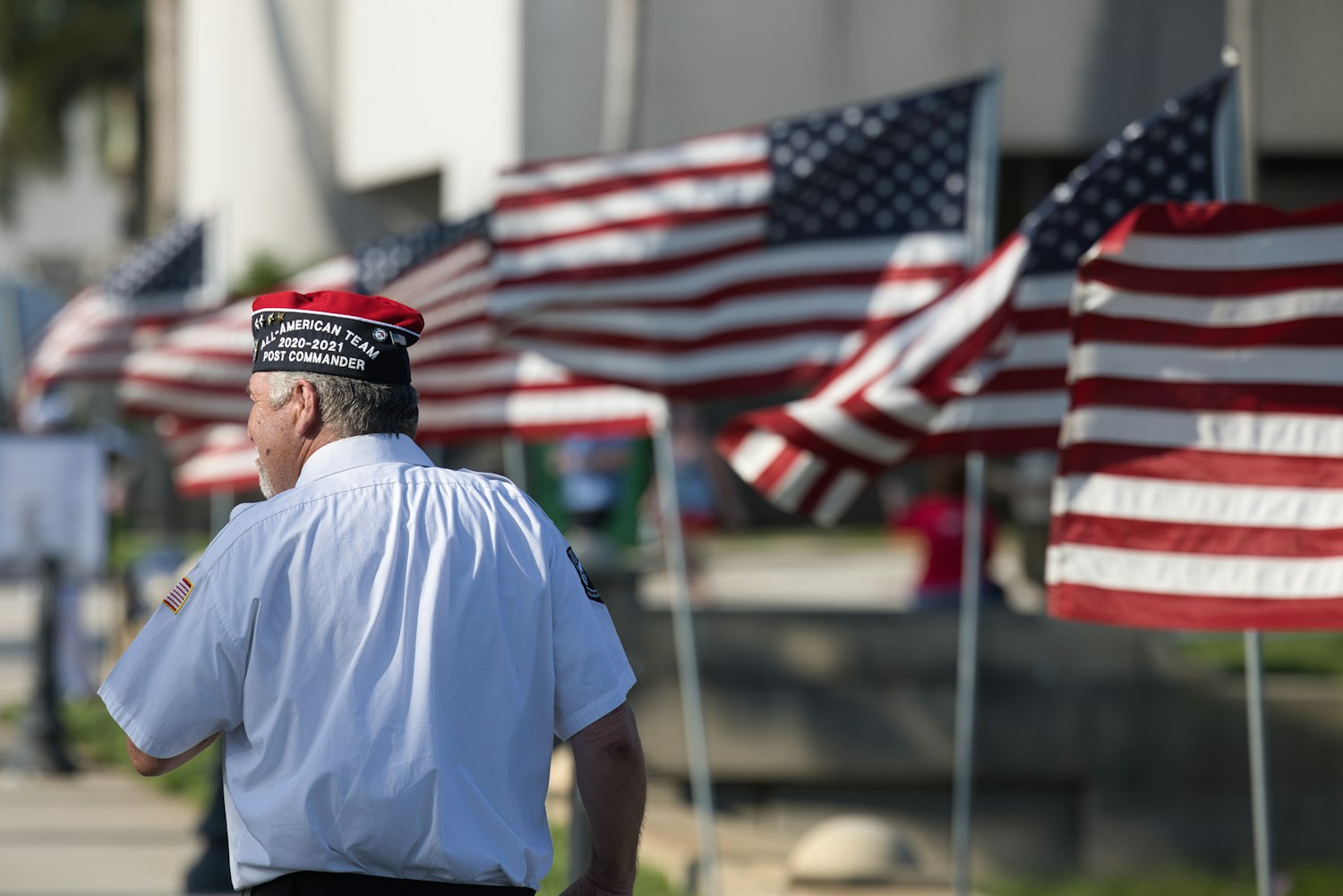 A veteran standing in front of a row of American flags